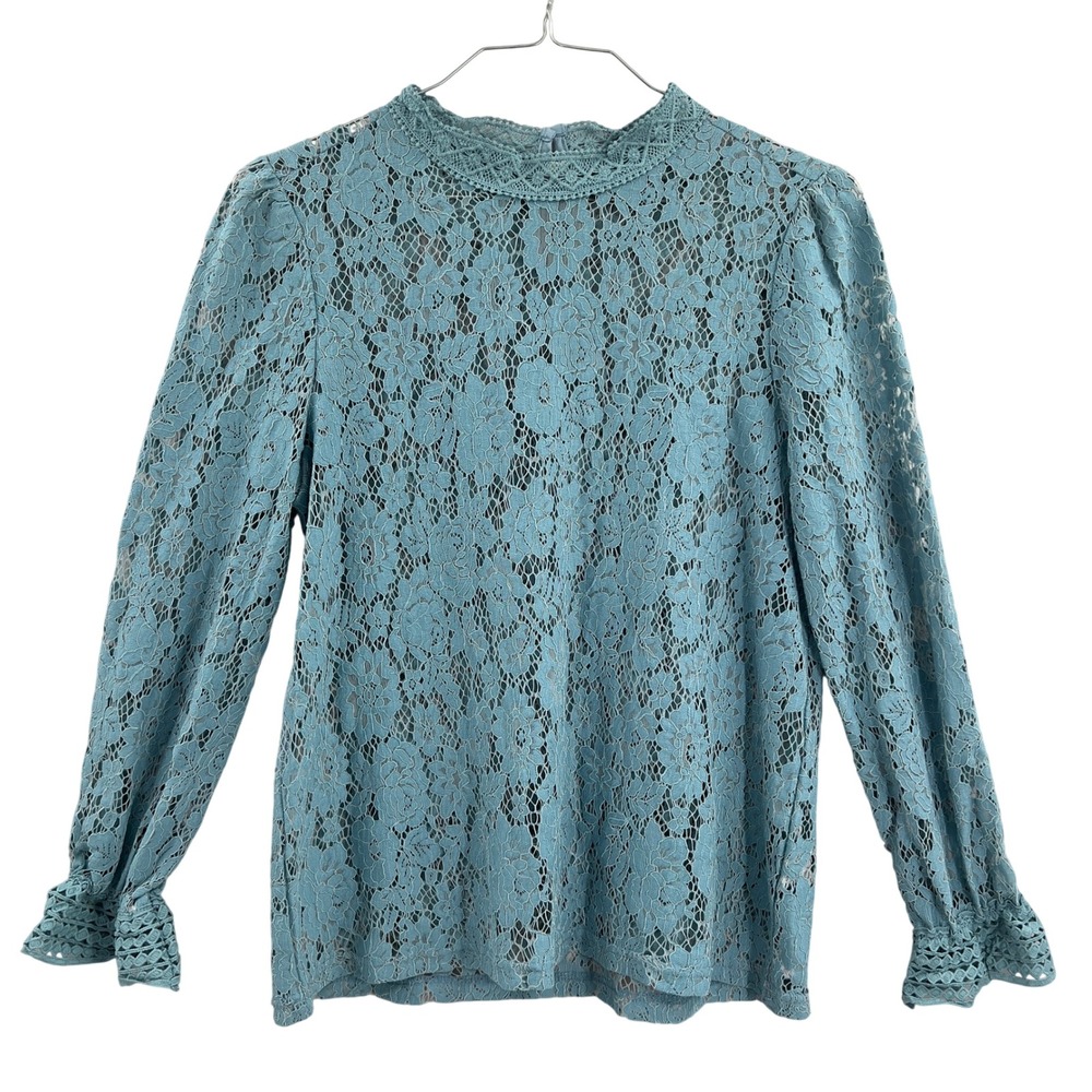Emery Rose Womens Lace Mock Neck Long Sleeve Blouse Dusty‎ Blue Bridgerton L